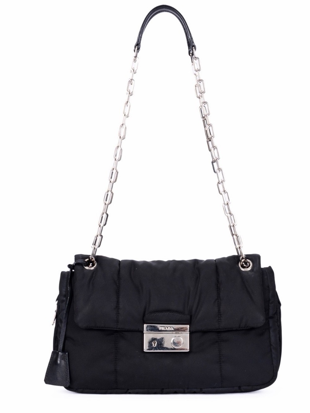 PRADA!⭐️Black Quilted Tessuto/leather Bomber Sound Bag! Crossbody Bag/Silver